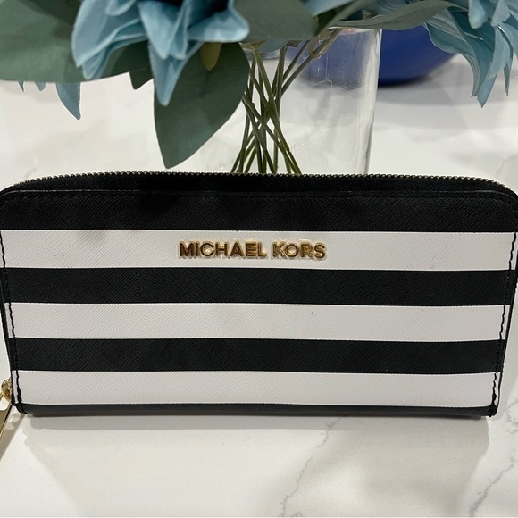 Michael Kors Handbags - Michael Kors Black and White Striped Clutch Wallet (NEW)